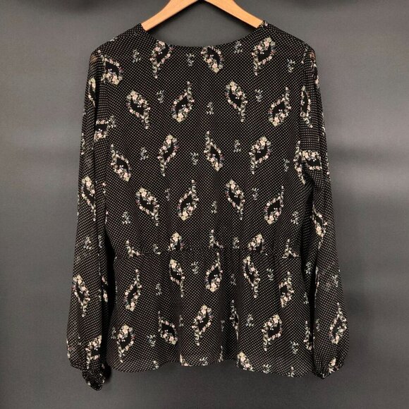 Pleione Womens Long Sleeve Floral Polka Dot Blouse L Black Office Professional - Picture 2 of 9